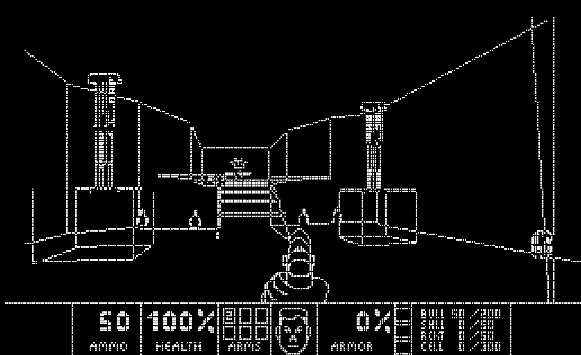 Quandoom gameplay showing wireframe graphics